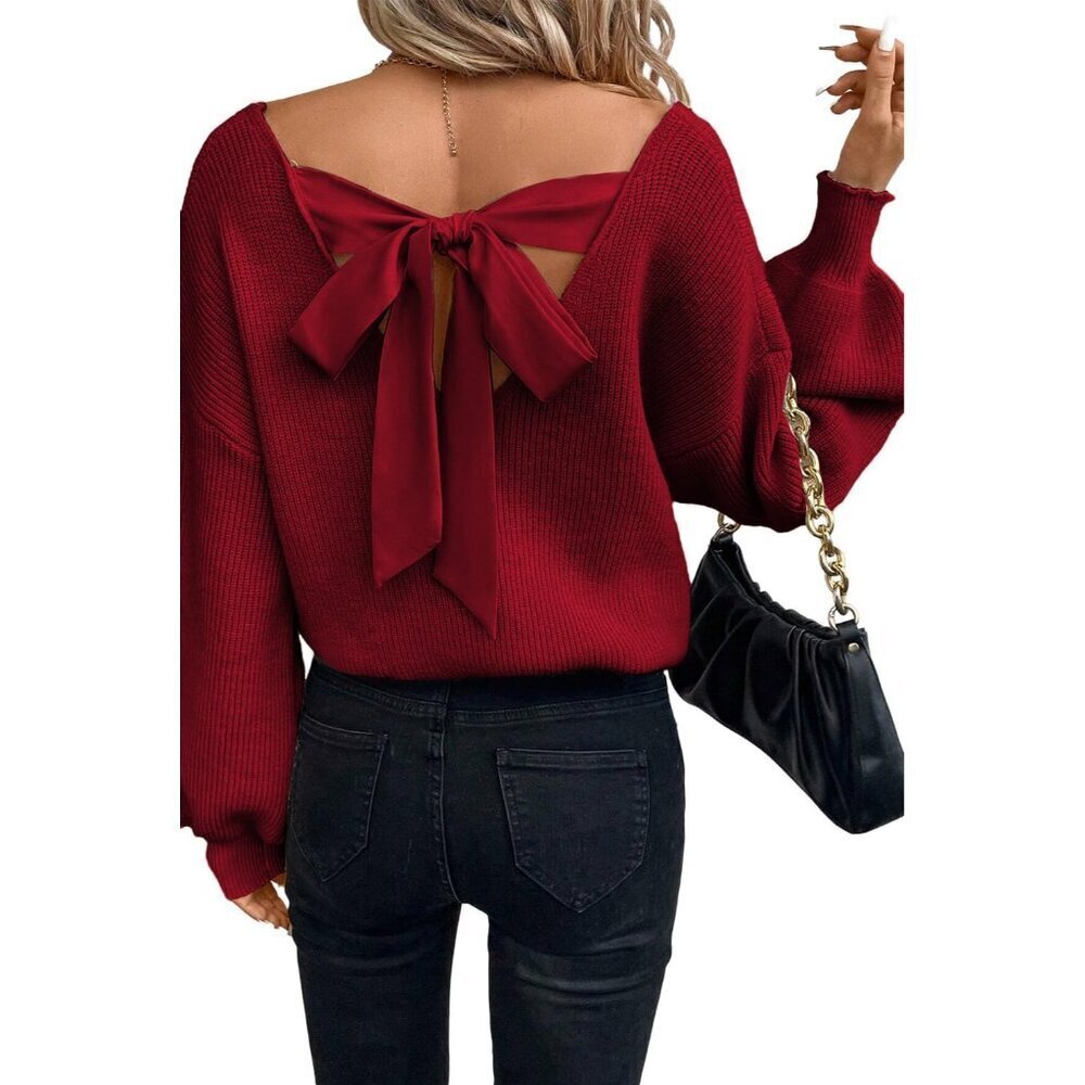 Women's Oversized V Neck Sweater with Bow Backless Long Sleeve Casual Knit